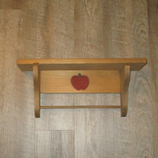 Oak Wood Wall Shelf with Routered Apple and Wood Dowel Towel Hanger, 18" long, 1990/s, Farmhouse Decor, As Is