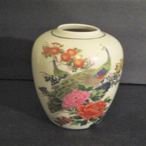 Ivory Crackle Glaze Vase with Peacock and Flowers, Gold Guild outlines/ Rim, 1960's MCI Japan, 5 3/4" tall