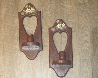 Wooden Wall Candle Holder Sconce Set with Hand Painted Flowers, 12 inch tall, Set of 2, Farmhouse