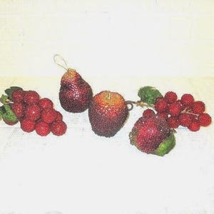 Red and Maroon Beaded Fruit Ornament/ Bowl Filler, Set of 5, Floral Craft Supplies, Faux Fruit