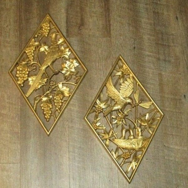 Burwood Gold Bird Diamond Shaped Wall Plaque set of 2, Hollywood Regency Decor, 16 1/2" tall, Vintage 1960s wall decor