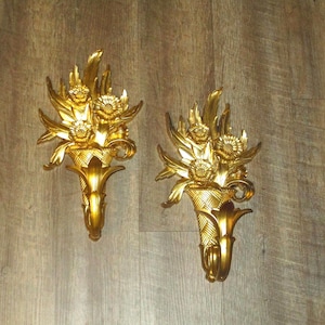 Gold Plastic Ornate Floral Motif Sconce, 1980&#39;s, Set of 2, Wall Home Decor, 15&quot; tall, Hollywood Regency