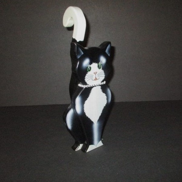 Black and White Wood Cat with Rhinestone Collar, Shelf Sitter, Tabletop Decor, 11" tall x 4" wide