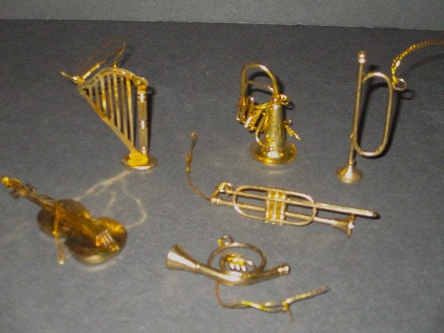 Brass Tone Metal Musical Instrument Ornaments, set of 6, Tree Decor