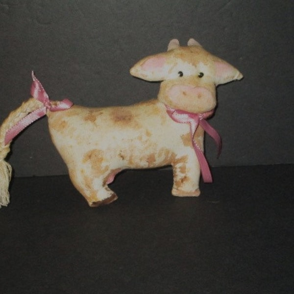 Tea Stained Cloth Cow, Soft Sculpture, 4 1/2" tall x 6" wide, handmade, Primitive/ Farmhouse