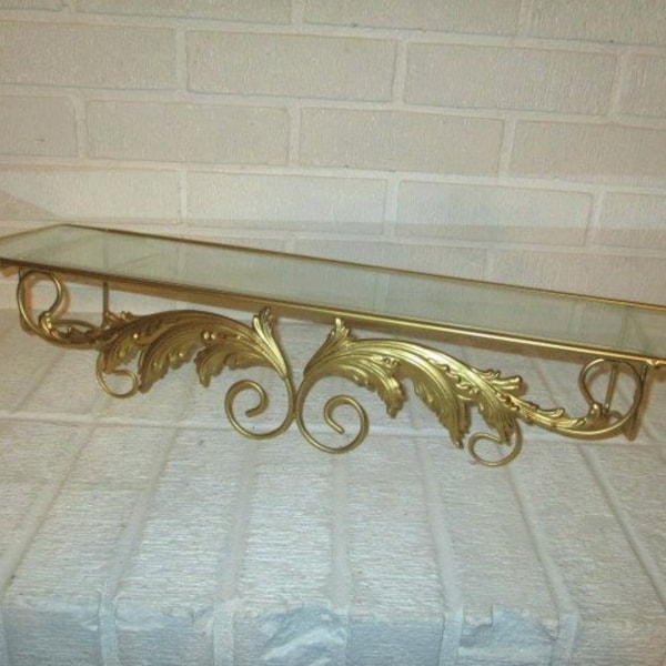 Gold Glass Top Shelf, with Filagree Design, 1990's, Wall Home Decor, 24" long, Hollywood Regency