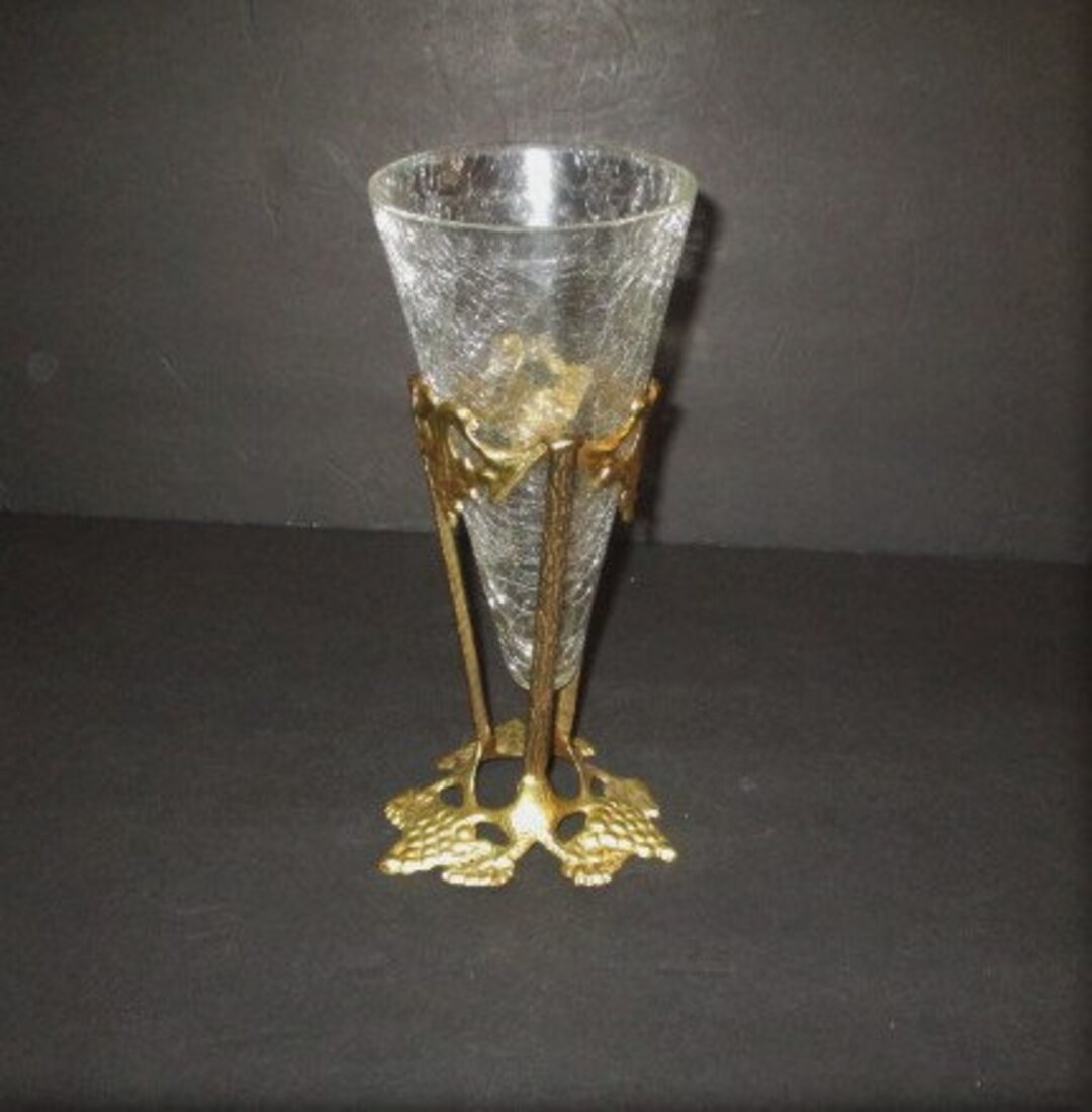 Vintage Brass Grape Stand With Crackled Glass Vase, Made in India, 9 1/2 Tall, Vintage Home