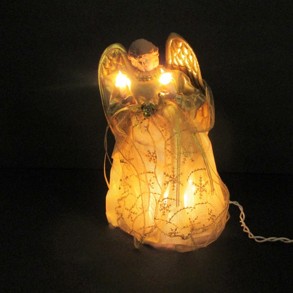 Vintage Lighted Angel Tree Topper, Gold Dress, Gold Wings, Porcelain Head & hands, Christmas Decor, Christmas Tree Decor