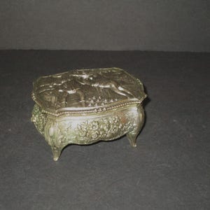 Silver Tone Cast Metal Trinket Box with Embossed Rococo Design and Red velvet Lining, Made in Japan