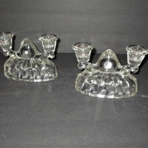LE Smith Clear Pressed Glass Double Candlestick Candle Holder, Set of 2 Rib & Fan Design, 4 1/4&quot; tall