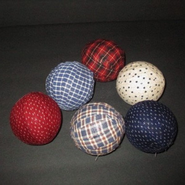 6 Primitive  Rag Balls, 3" diameter Homespun Fabric and prim Material Wrapped Primitive Decor, Bowl Filler