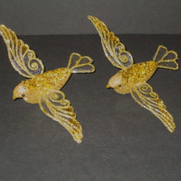 Gold Glittered Dove ornament with Clip, 2 1/2” tall x 5 1/2” long, set of 2, Christmas Floral Supply
