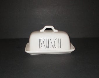 Rae Dunn Brunch Ceramic Covered Butter Dish, 8" long x 4" tall, Farmhouse