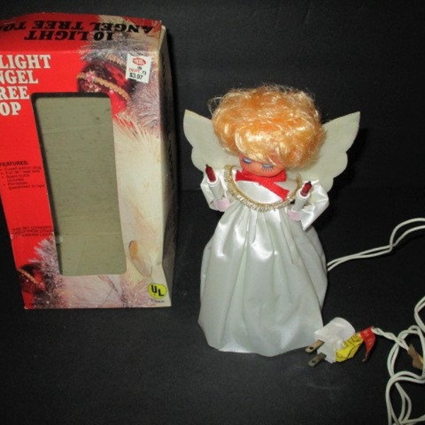 Lighted Angel Tree Topper, White Dress, 8" tall, Plastic Doll Head with Doll Hair, 10 Light