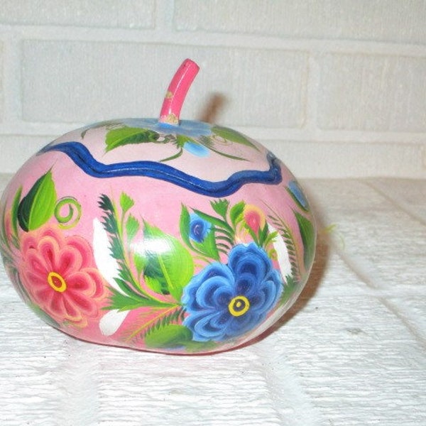 Pink with Blue Flower Hand Painted Folk Art Gourd lidded Trinket Box, 3 1/2" tall x 4 1/4" in diameter, Made in Mexico