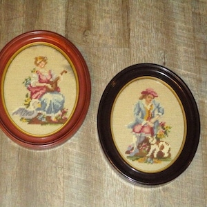 Needlepoint Colonial Man and Woman Wood Framed Oval Picture, Set of 2, Victorian, 8 1/2&quot; x 11&quot;, As Is