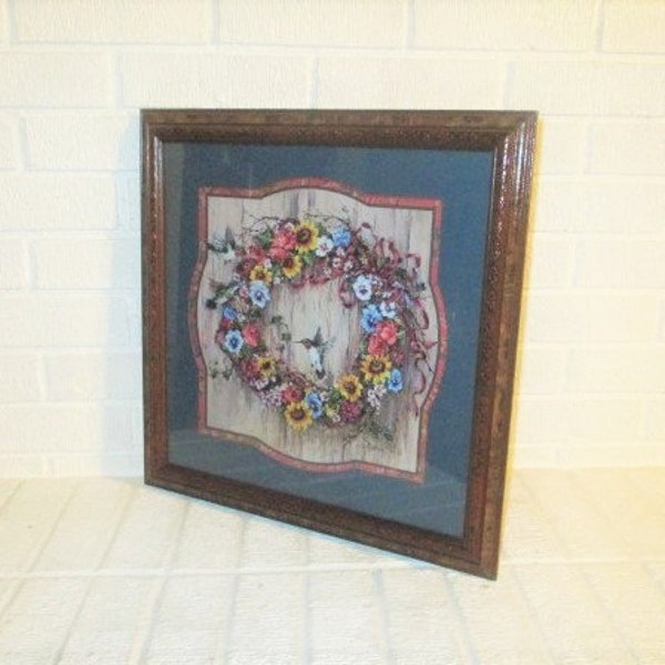 Hummingbirds and Floral Wreath Wood Frame Picture, 17 1/2" tall x 17 1/2" wide, Barbara Mock, Wall Decor