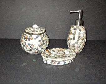 Mosaic Mother of Pearl Shell Bathroom Vanity Accessory, set of 3, Jessica McClintock Home
