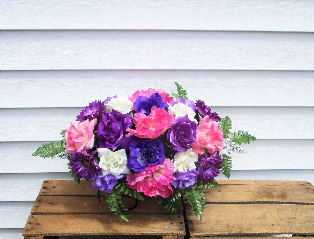 Pink Peony and Purple Rose Cemetery Tombstone Saddle, Cemetery Flower