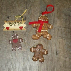 Gingerbread Ornament Lot, Set of 3, Primitive/ Farmhouse