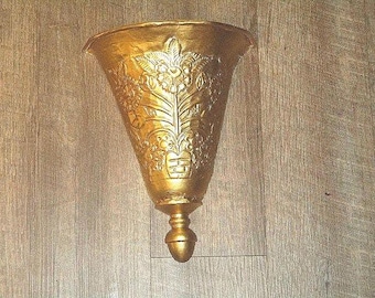 Gold Toned Metal Embossed Floral Wall Pocket/ Planter, 11 1/2&quot; tall, BOHO/ Farmhouse