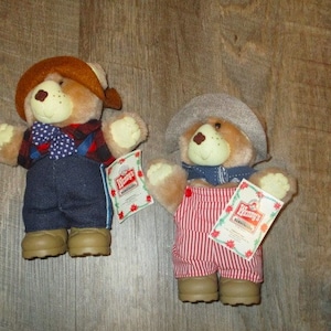 May include: Two plush teddy bears wearing hats, overalls, and plaid shirts. One bear has a brown hat and blue overalls, the other has a gray hat and red-striped overalls. Each bear holds a tag.