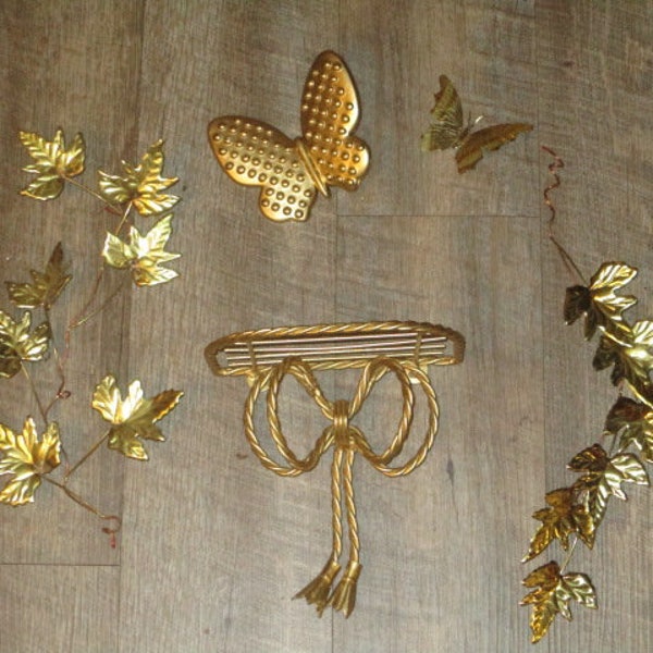 Gold Metal Rope Bow Shelf, Butterflies and Metal Ivy Set, Wall Home Decor, Hollywood Regency