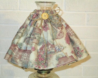 Handmade  English Cottage and Birdhouse Cloth Hurricane Lampshade, Victorian/ Shabby Chic Hurricane Lamp Shade, jute twine bow LS2078