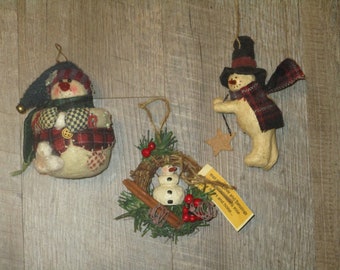 NEW!~Vintage Christmas Fabric Snowman Bristle Tree Ornament~Country/Primitive 