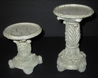 Resin Ivory Crackle Finnish Pillar Candle Holder, Set of 2, Shabby Chic Grecian Pillar Design, Elements