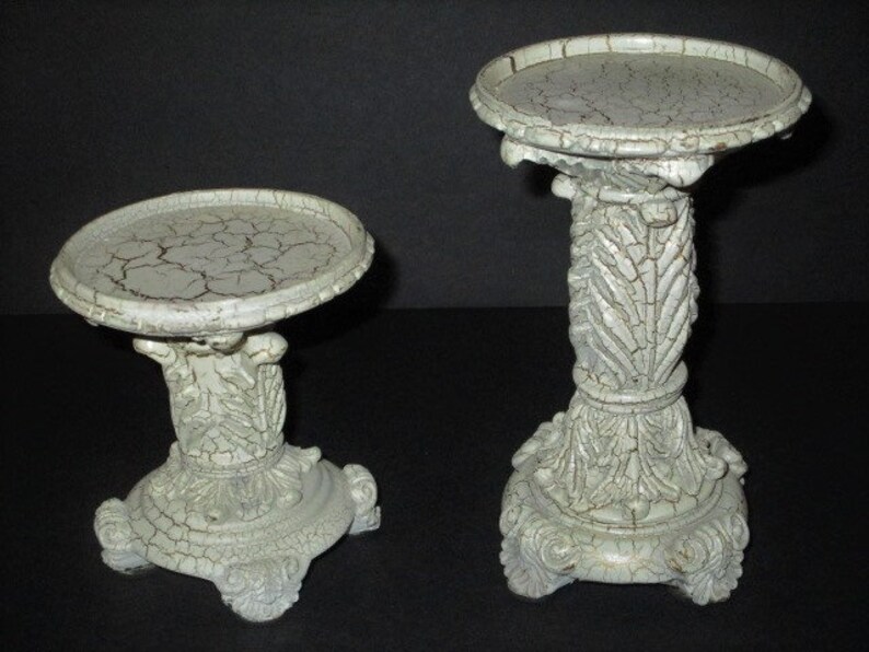 Resin Ivory Crackle Finnish Pillar Candle Holder, Set of 2, Shabby Chic Grecian Pillar Design, Elements image 1