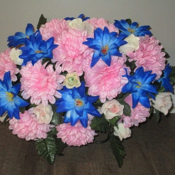 Cemetery Flowers, Tombstone Silk Arrangement, Royal Blue Clematis and Pink Mum, Memorial Day