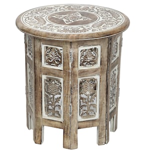 Rustic Wood Table Round White Side end Carved Indian Coffee Accent