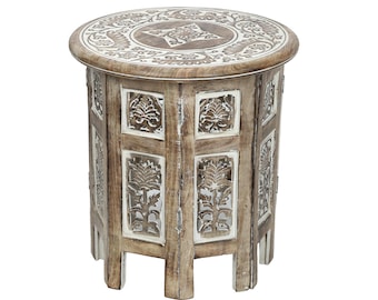 Rustic Wood Table Round White Side end Carved Indian Coffee Accent