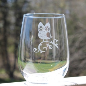 etched stemless wine glass with owl design