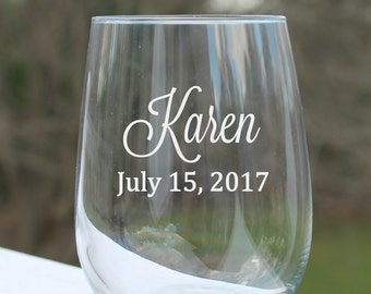 personalized wine glasses, wedding wine glasses, Etched wine glass, stemless wine glasses, bridal party,  stemless wine glasses, Etched