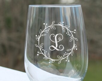 monogram stemless wine glass, etched, personalized, custom, wine gift