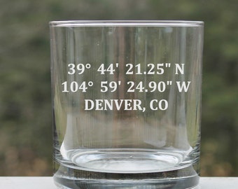 Etched Whiskey Glasses, GPS Coordinates, custom whiskey glass, scotch glasses, rock glass, GPS, housewarming gift