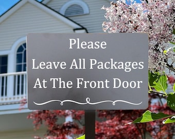 metal yard signs, sign with stake, leave packages at the font door, directional signs, personalized plaque with stake