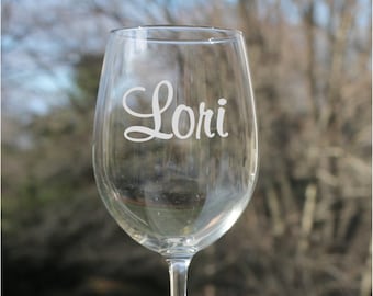 etched wine glass personalized with single name or word