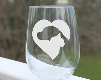 dog stemless wine glass etched glass dog and cat with heart