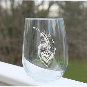 Feather etched wine glass, stemless wine glasses, engraved wine glass, wine gift