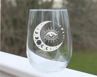 Etched Stemless Wine Glass: Evil Eye Moon Design, Boho Celestial Glass