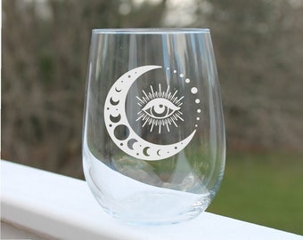 Etched stemless wine glass, Evil eye moon glass, Celestial moon, Boho wine glass