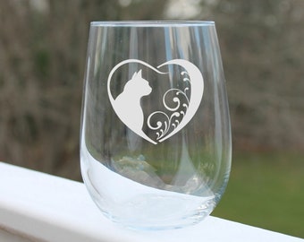 Cat Engraved Stemless Wine Glass, Engraved With Cat Design Shown, Makes A Great Gift