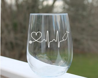 etched stemless wine glasses, nursing student, nurses gift