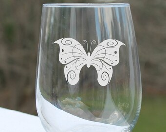 Stemless wine glass butterfly wine glass etched stemless wine glasses butterfly engraved wine glass