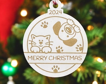 Personalized Pet Christmas Ornament: Laser Engraved Wood Cat & Dog Gift