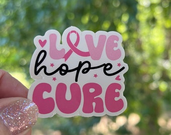 Breast Cancer Awareness Ribbon Sticker: Love Hope Cure, Waterproof