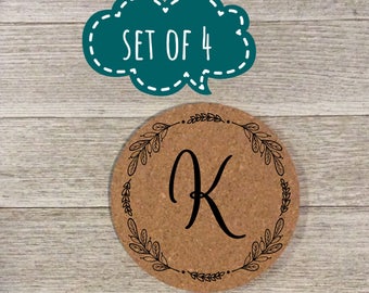 personalized cork coaster, monogram coaster, set of 4